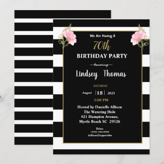 Elegant Black White Gold Floral 70th Birthday Invitation