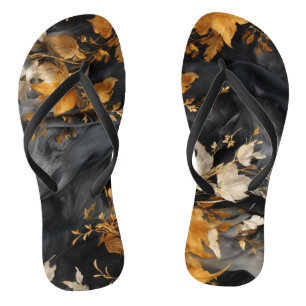 Elegant Black White Gold Floral Repeating Pattern Flip Flops