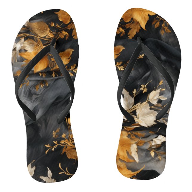 Elegant Black White Gold Floral Repeating Pattern Flip Flops (Footbed)