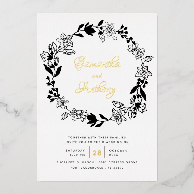 Elegant Black White Gold Floral Wreath Wedding (Front)