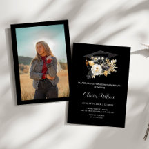 Elegant Black White Gold Flowers Photo Graduation 
