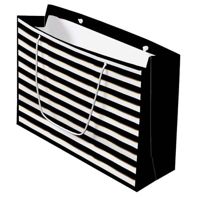 Elegant Black White Gold Horizontal Stripe     Large Gift Bag (Front Angled)