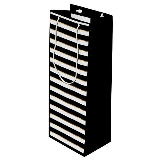 Elegant Black White Gold Horizontal Stripe  Wine Gift Bag (Front Angled)