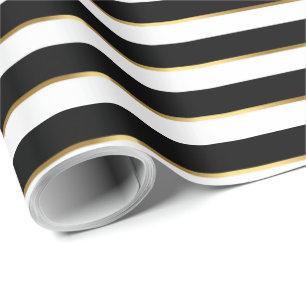 Elegant Black White Gold Horizontal Stripe Wrapping Paper