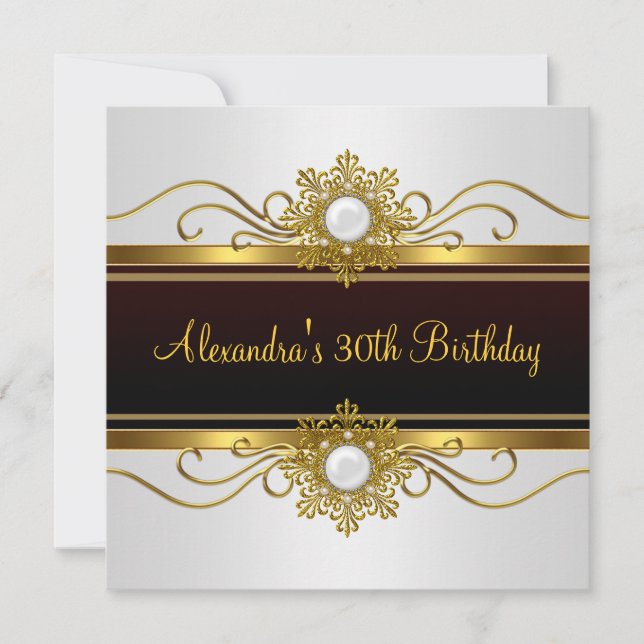 Elegant Black White Gold  Jewel 30th Birthday Invitation (Front)