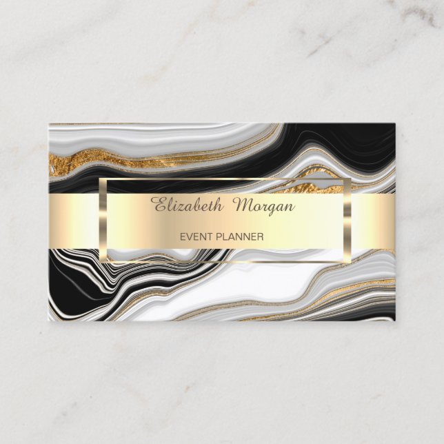 Elegant Black White Gold Marble Business Card (Front)