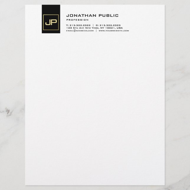 Elegant Black White Gold Monogram Modern Simple Custom Letterhead (Front)