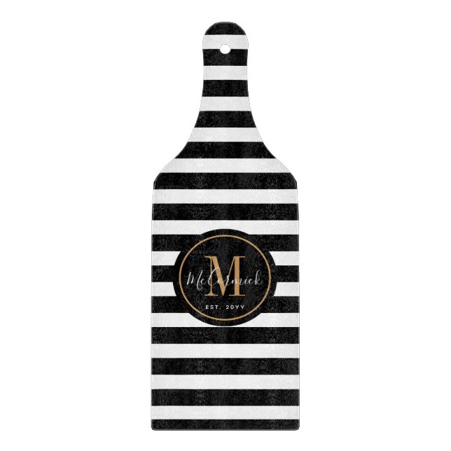 Elegant Black White Gold Monogram Personalised  Cutting Board (Front)