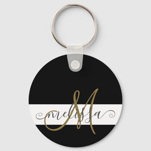 Elegant Black White Gold Monogram Script Name Key Ring (Front)