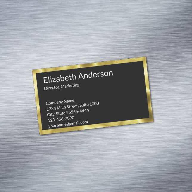 Elegant Black White Gold Name Job Title Contact Magnetic Business Card (In Situ)