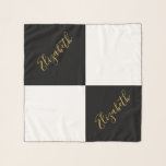 Elegant Black White Gold Name Script Text Template Scarf<br><div class="desc">A classic black and white chequerboard pattern is on this scarf. Faux (not foil) gold display text is on each black square. An elegant script forms the text. You can edit the text to show the correct name or a custom message.</div>