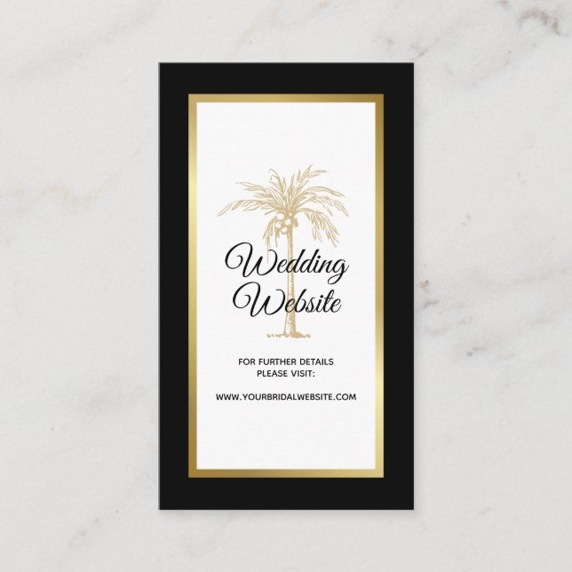 Elegant Black White Gold Palm Tree Wedding Website Enclosure Card (Front)