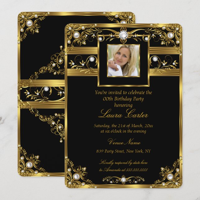 Elegant Black White Gold Pearl Photo Birthday 2 Invitation (Front/Back)