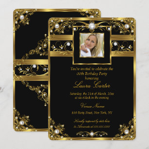 Elegant Black White Gold Pearl Photo Birthday 2 Invitation