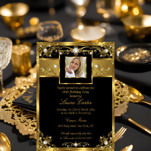 Elegant Black White Gold Pearl Photo Birthday Invitation