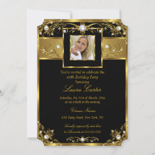 Elegant Black White Gold Pearl Photo Birthday Invitation
