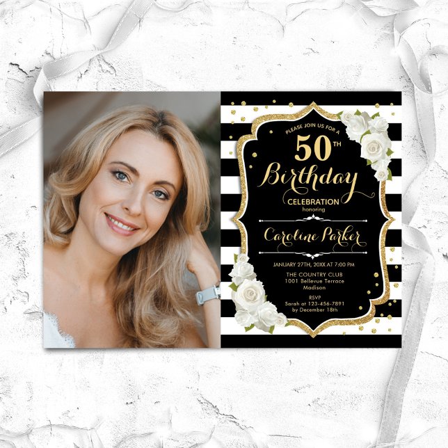 Elegant Black White Gold Photo 50th Birthday Invitation (Creator Uploaded)