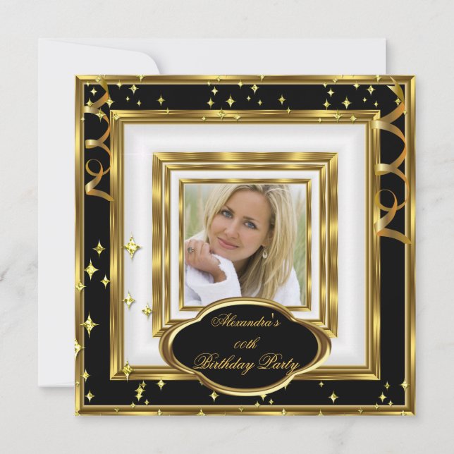 Elegant Black White Gold Photo Birthday Party Invitation (Front)