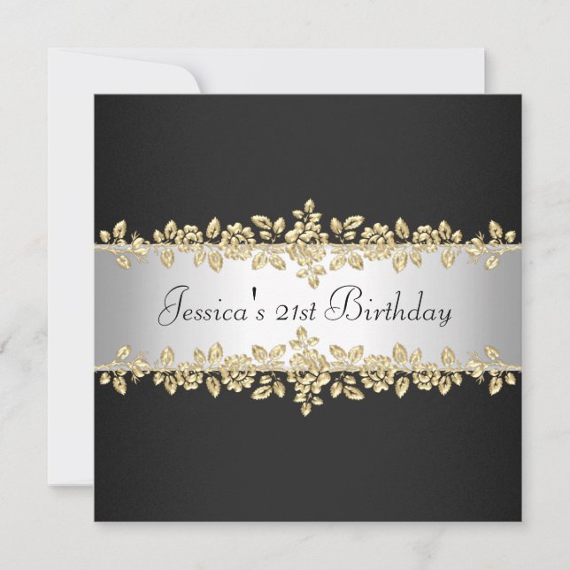 Elegant Black & White Gold Roses Birthday Party Invitation (Front)