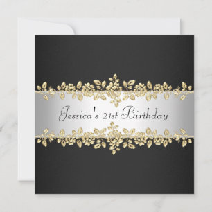 Elegant Black & White Gold Roses Birthday Party Invitation