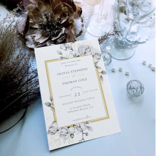 Elegant Black White Gold Rustic Floral Wedding Invitation