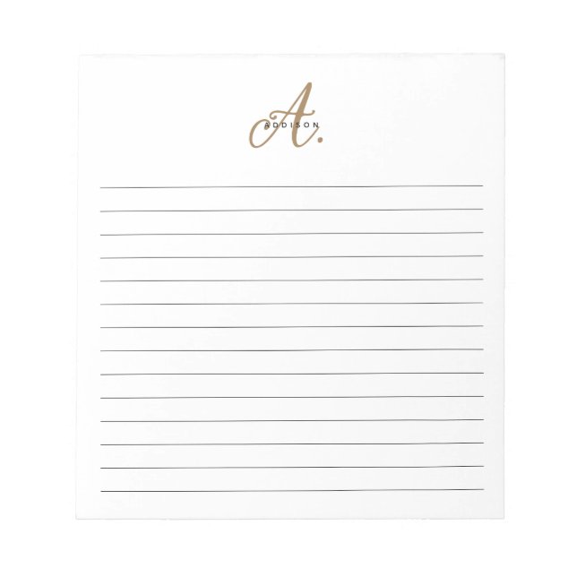 Elegant Black White Gold Script Monogram Lined Notepad (Front)