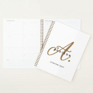Elegant Black White Gold Script Monogram Planner