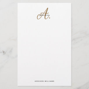 Elegant Black White Gold Script Monogram Stationery