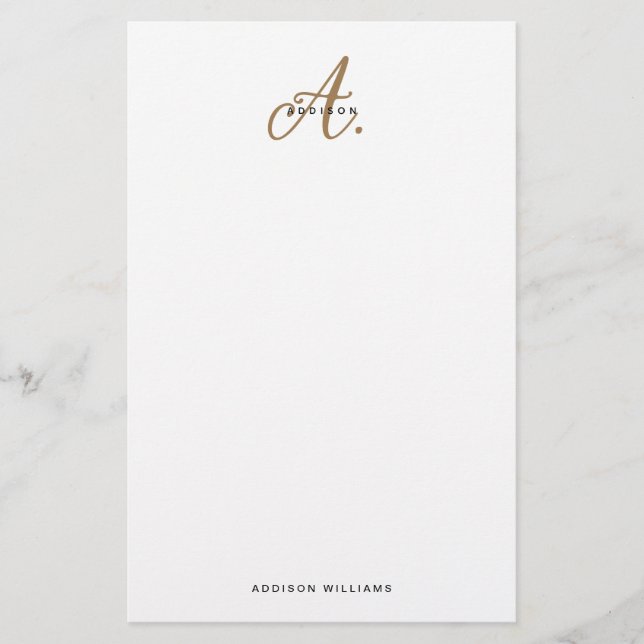 Elegant Black White Gold Script Monogram Stationery (Front)