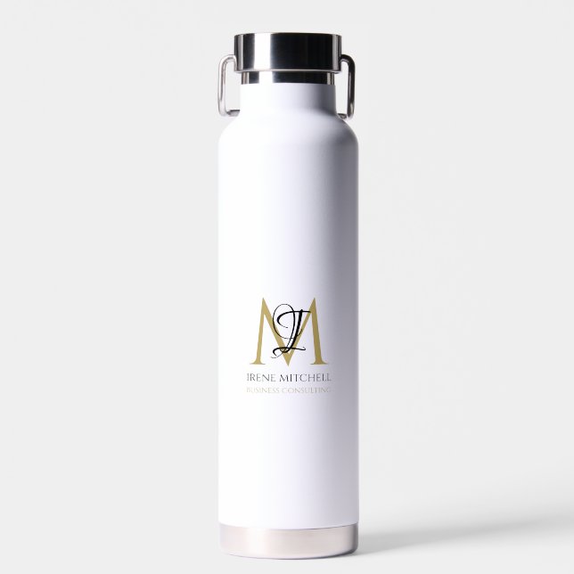 Elegant Black White Gold Simple Monogram Name Water Bottle (Front)