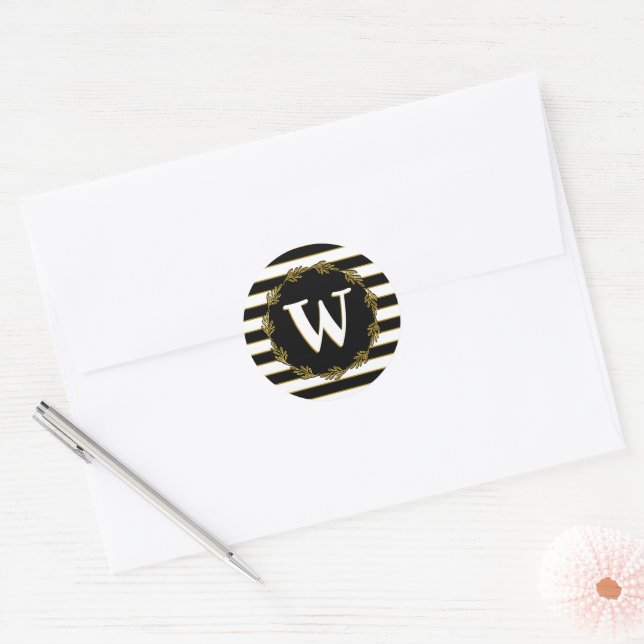 Elegant Black White Gold Stripes Wreath Monogram Classic Round Sticker (Envelope)
