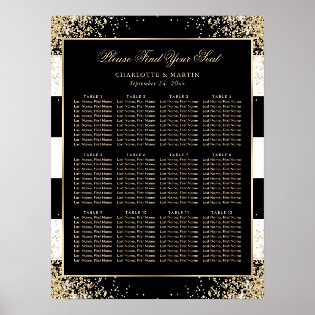 Elegant Black White Gold Wedding Seating Chart 12 (Front)