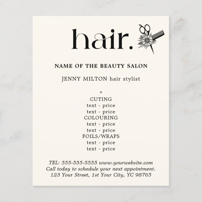 Elegant Black White Golden Scissors Hair Menu (Front)
