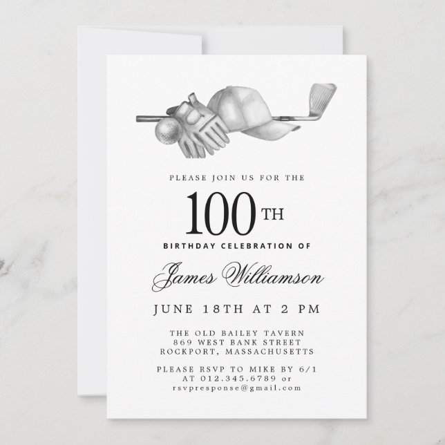 Elegant Black White Golf 100th Birthday Party  Invitation (Front)