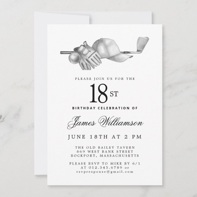Elegant Black White Golf 18th Birthday Party  Invitation (Front)