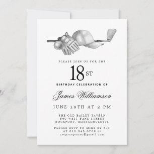 Elegant Black White Golf 18th Birthday Party  Invitation