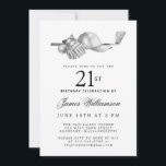 Elegant Black White Golf 21st Birthday Party  Invitation<br><div class="desc">Elegant black and white birthday invitation for a golfer. The top of the invitation is decorated with golf accessories - a golf club, golf ball, hat and gloves. The watercolor design creates a traditional and classic aesthetic. Perfect for a birthday bash at the club or a backyard BBQ. All of...</div>