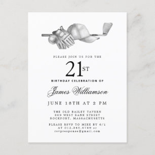Elegant Black White Golf 21st Birthday Party Invitation Postcard