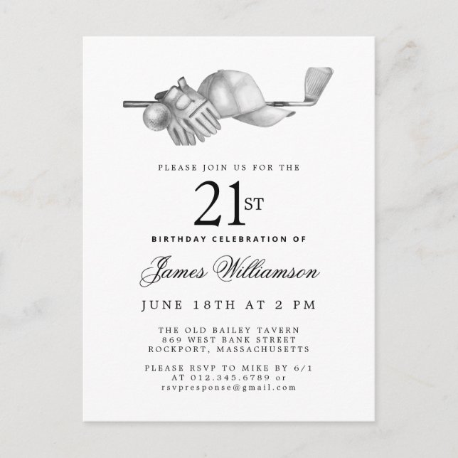 Elegant Black White Golf 21st Birthday Party  Invitation Postcard (Front)