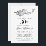 Elegant Black White Golf 30th Birthday Party  Invitation<br><div class="desc">Elegant black and white birthday invitation for a golfer. The top of the invitation is decorated with golf accessories - a golf club, golf ball, hat and gloves. The watercolor design creates a traditional and classic aesthetic. Perfect for a birthday bash at the club or a backyard BBQ. All of...</div>