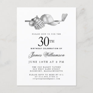 Elegant Black White Golf 30th Birthday Party  Invitation Postcard