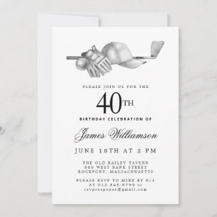 Elegant Black White Golf 40th Birthday Party  Invitation