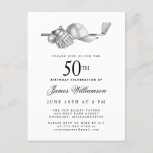 Elegant Black White Golf 50th Birthday Party  Invitation Postcard