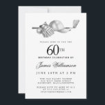 Elegant Black White Golf 60th Birthday Party  Invitation<br><div class="desc">Elegant black and white birthday invitation for a golfer. The top of the invitation is decorated with golf accessories - a golf club, golf ball, hat and gloves. The watercolor design creates a traditional and classic aesthetic. Perfect for a birthday bash at the club or a backyard BBQ. All of...</div>