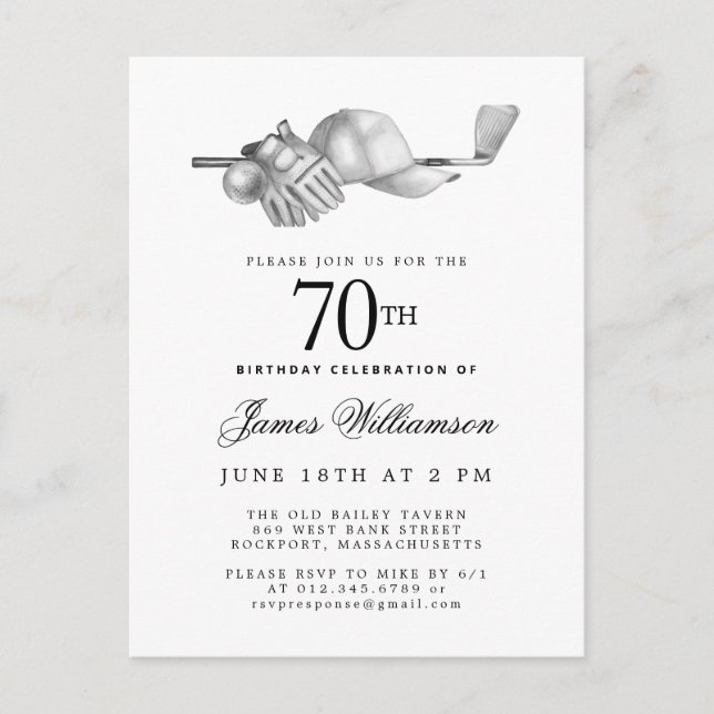 Elegant Black White Golf 70th Birthday Party  Invitation Postcard (Front)