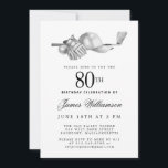Elegant Black White Golf 80th Birthday Party  Invitation<br><div class="desc">Elegant black and white birthday invitation for a golfer. The top of the invitation is decorated with golf accessories - a golf club, golf ball, hat and gloves. The watercolor design creates a traditional and classic aesthetic. Perfect for a birthday bash at the club or a backyard BBQ. All of...</div>