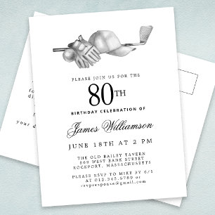 Elegant Black White Golf 80th Birthday Party  Invitation Postcard