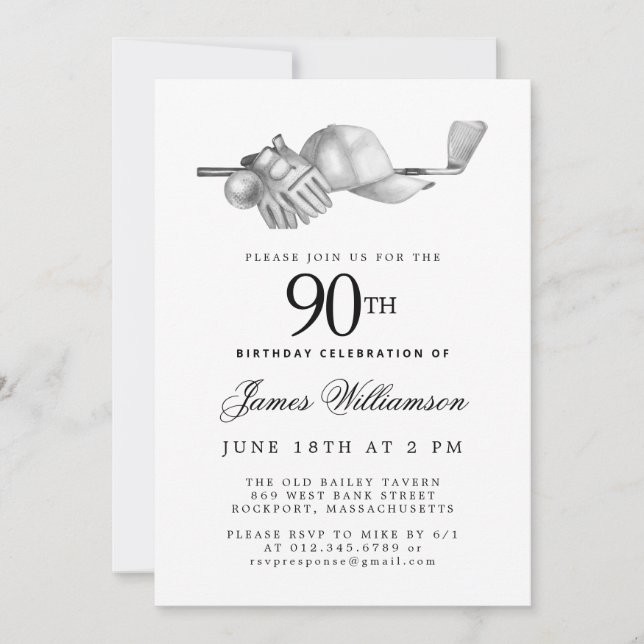 Elegant Black White Golf 90th Birthday Party  Invitation (Front)