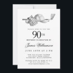 Elegant Black White Golf 90th Birthday Party  Invitation<br><div class="desc">Elegant black and white birthday invitation for a golfer. The top of the invitation is decorated with golf accessories - a golf club, golf ball, hat and gloves. The watercolor design creates a traditional and classic aesthetic. Perfect for a birthday bash at the club or a backyard BBQ. All of...</div>