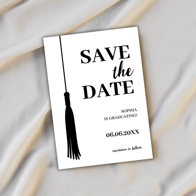 Elegant Black & White Grad Tassel Graduation Save The Date (graduation save the date card grad tassel elegant minimalist simple black and white class of 2024)